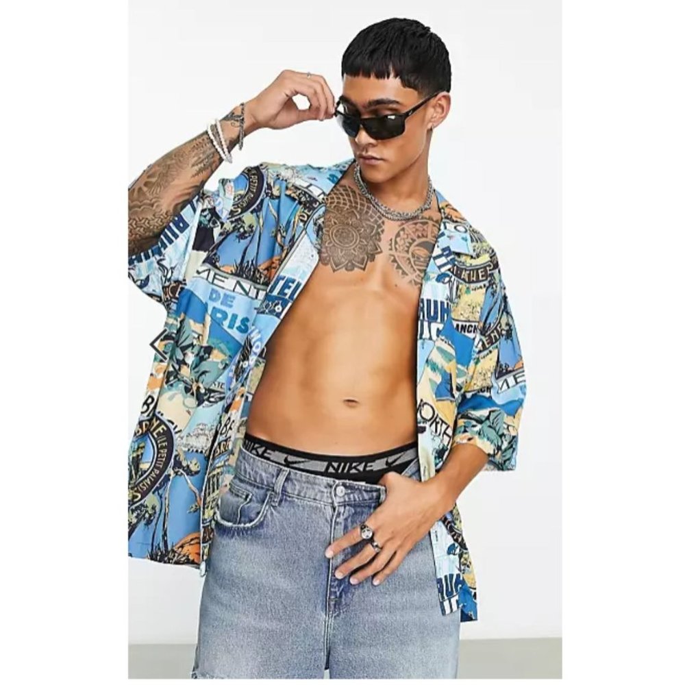 ASOS Dropped Shoulder Oversized Camp Collar Shirt Postcard Print Small NWT